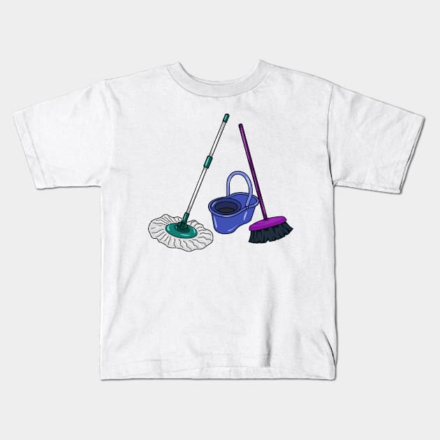 Broom & mop cartoon illustration Kids T-Shirt by Miss Cartoon